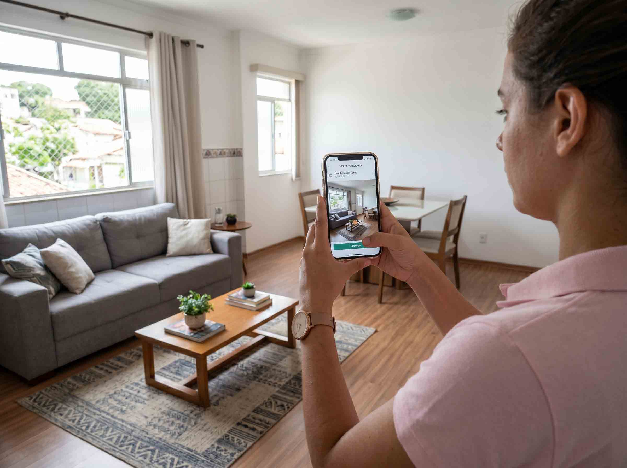 Vistoriador fotografando dano em parede de apartamento durante vistoria de saída